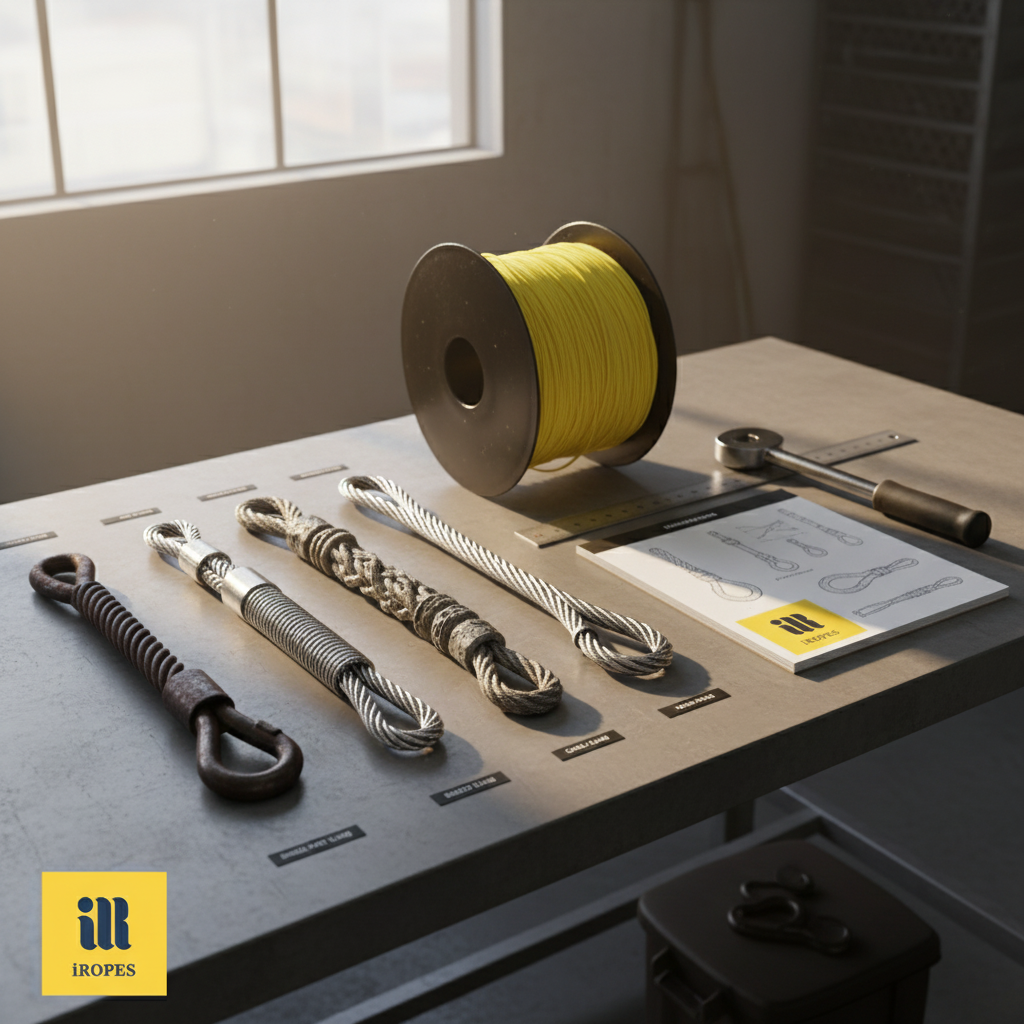Assortment of wire rope sling types laid out on a workshop table showing single‑part, multi‑part braid, cable‑laid and stainless‑steel examples