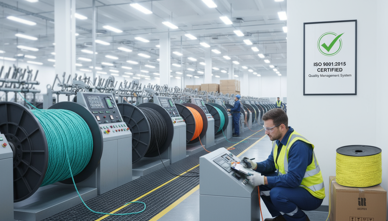 Factory floor of a US rope manufacturer showing spooling machines and quality inspection