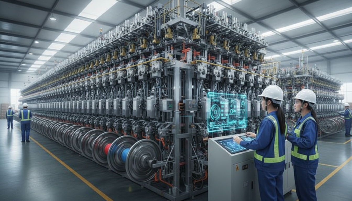 iRopes wire rope production line showing endless, braiding and strand‑forming machines in operation, with operators monitoring digital displays