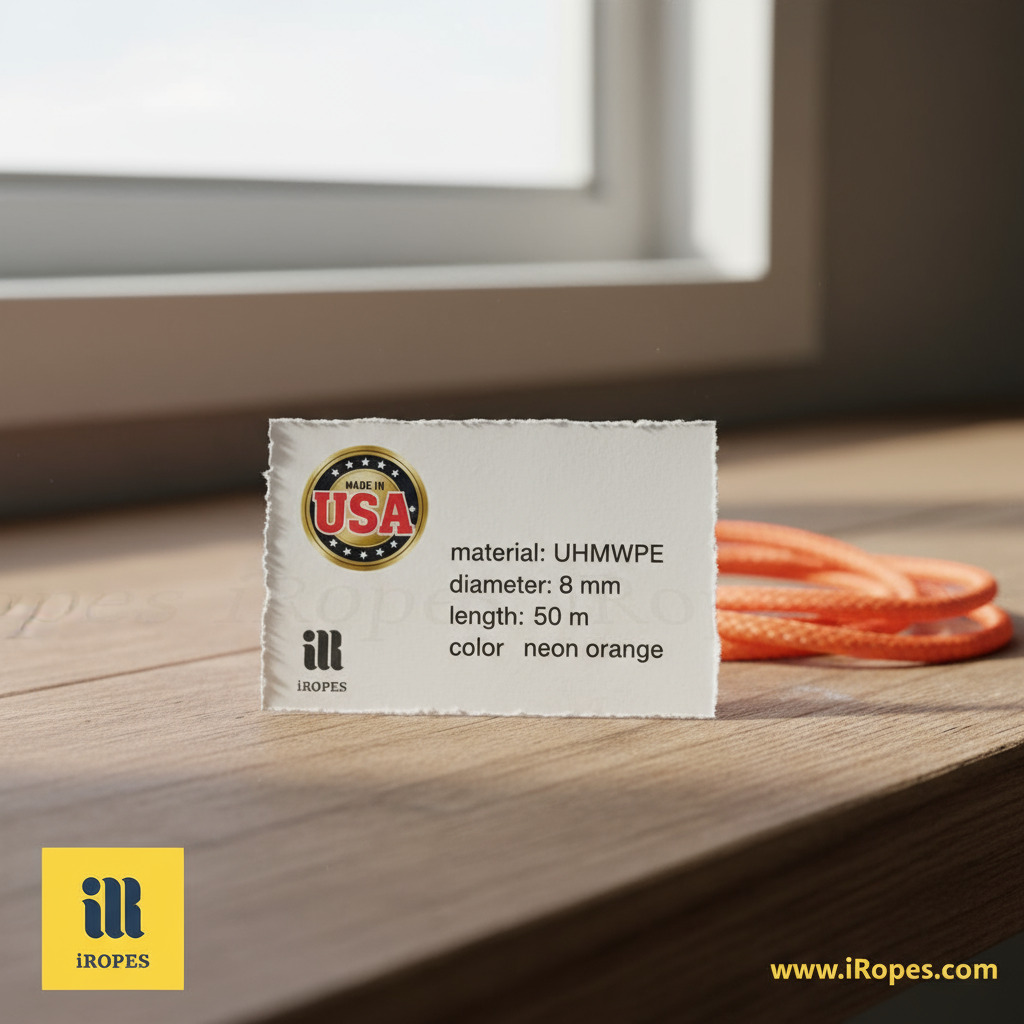 Close‑up of a rope label displaying the ‘Made in USA’ certification badge alongside product specifications