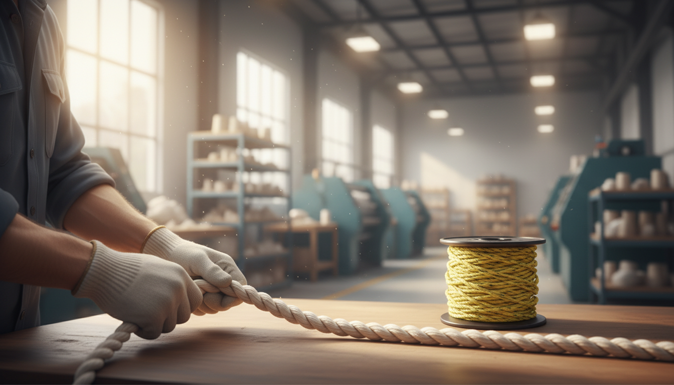 Close‑up of natural cotton fibres being twisted into a sturdy rope on a US factory floor