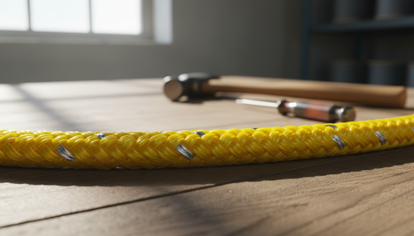Close-up of braided nylon rope showing glossy yellow strands, UV‑resistant coating, and reflective stitching under daylight