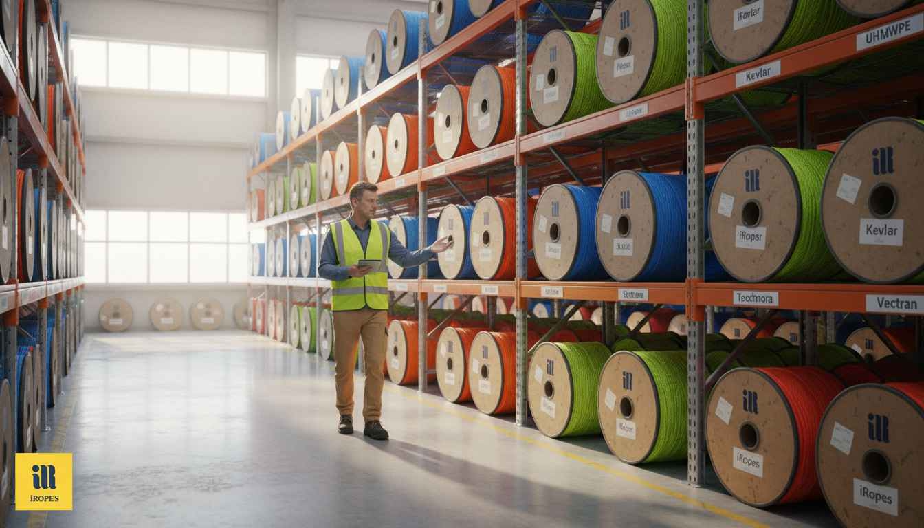 Assortment of high‑performance synthetic ropes from iRopes displayed on a warehouse rack, showcasing UHMWPE, Kevlar, Technora and Vectran spools in bright colours