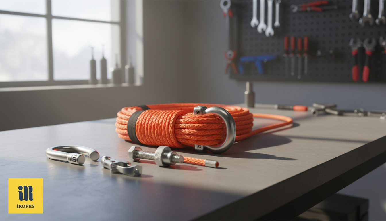 Close‑up of stainless‑steel U‑bolt, screw‑type and spring rope clamps arranged on a workshop bench