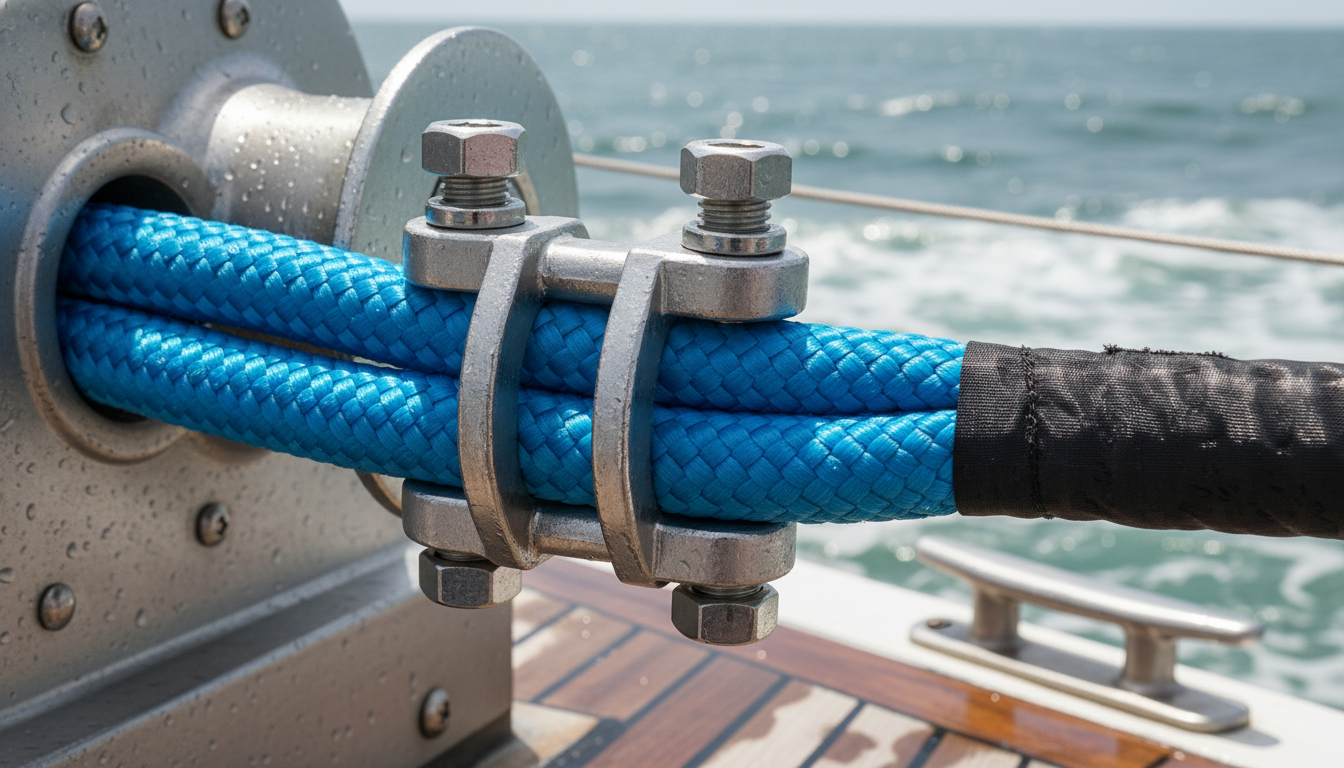 Close‑up of stainless‑steel double‑saddle clamp securing a synthetic rope loop on a marine winch, showing bolts and grip surfaces