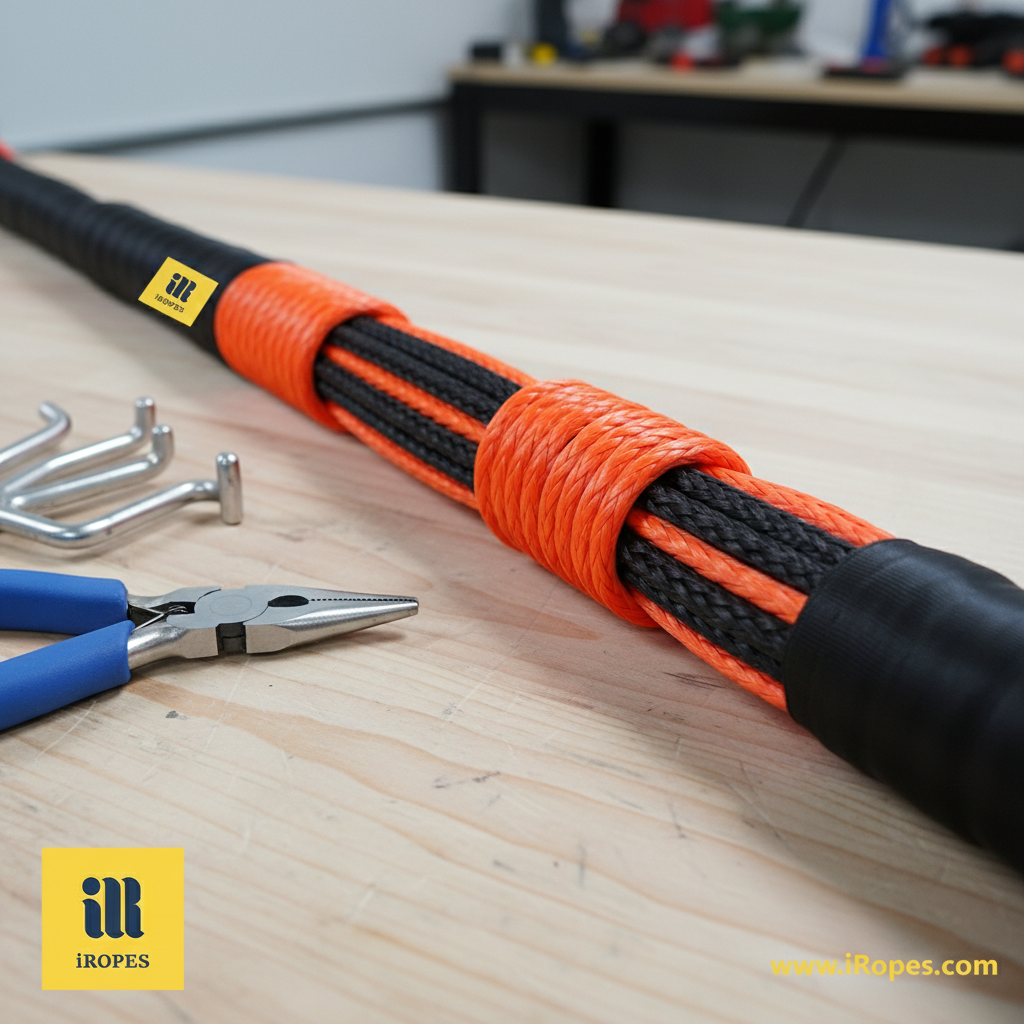 Close‑up of a double‑braid rope end being interwoven during a seven‑step splice, showing tapered tips and fibre alignment