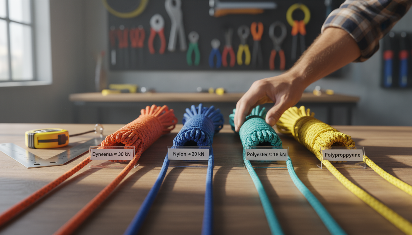 Side‑by‑side comparison of Dyneema, nylon, polyester and polypropylene ropes showing colour‑coded strands and labelled tensile strengths