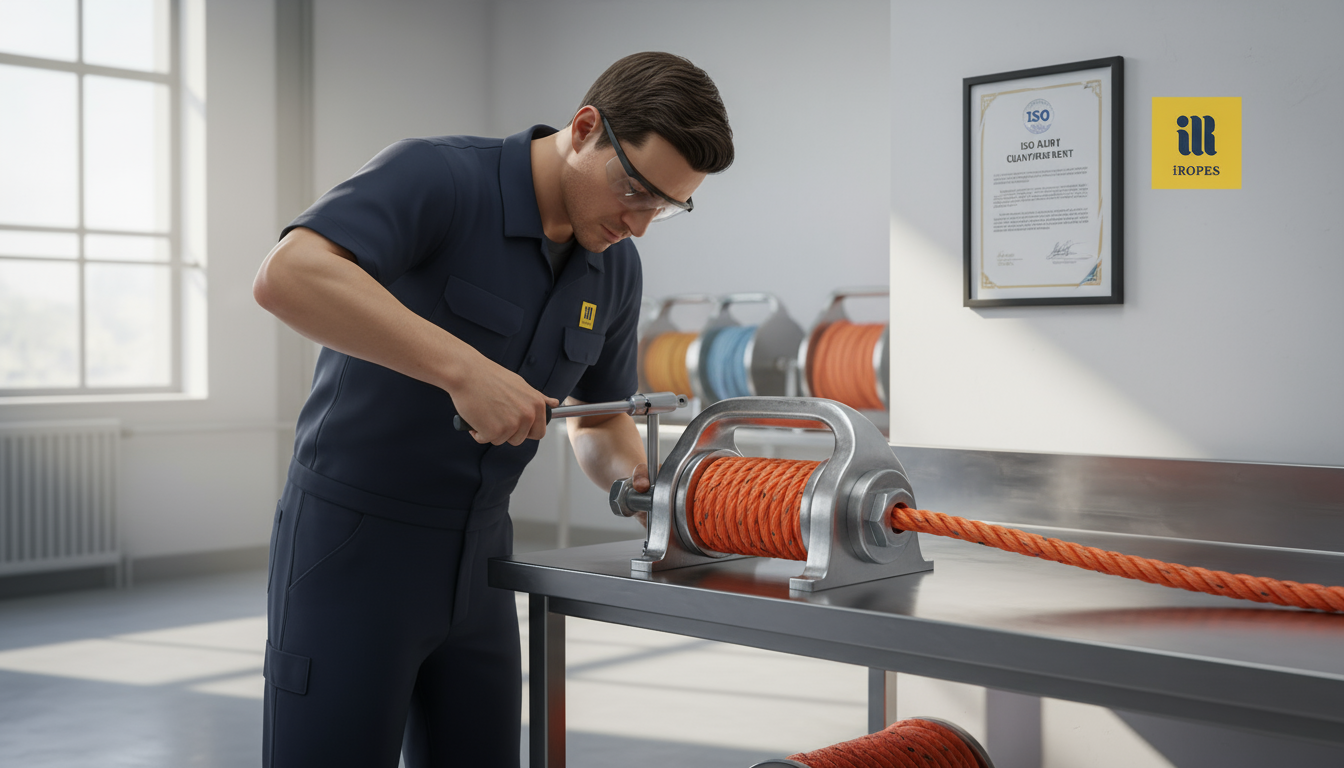 Technician checking torque on a stainless‑steel rope clamp while ISO 9001 certificate hangs on the wall
