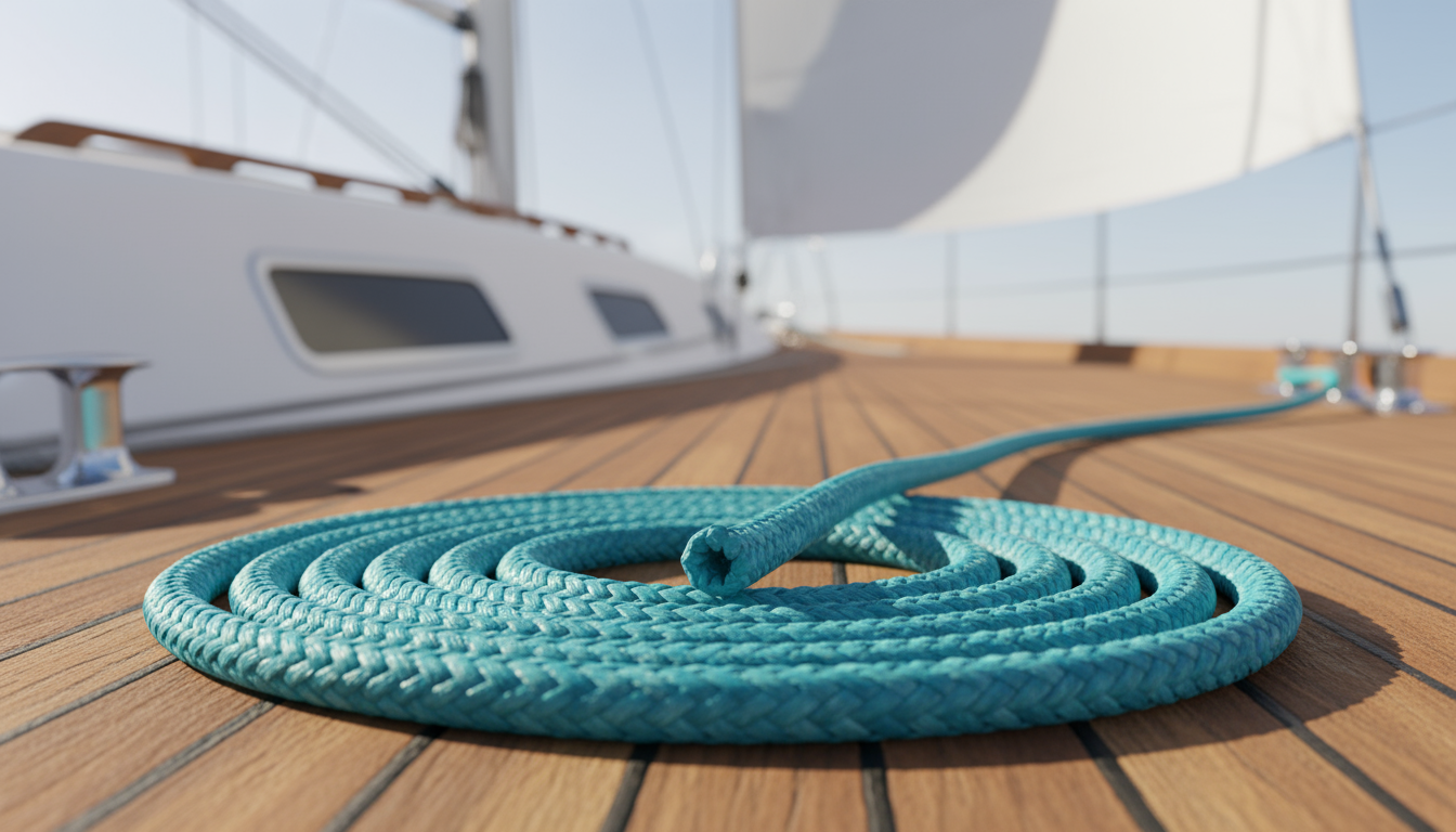 Close‑up view of a Tech‑12 12‑strand polyester rope showing its braided pattern and hollow‑braid form, laid out on a boat deck under bright sunlight
