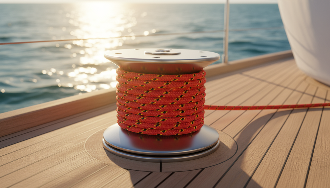 Close-up view of a stainless steel marine rope reel mounted on a yacht deck, showing single‑flange design and rope spooled neatly.