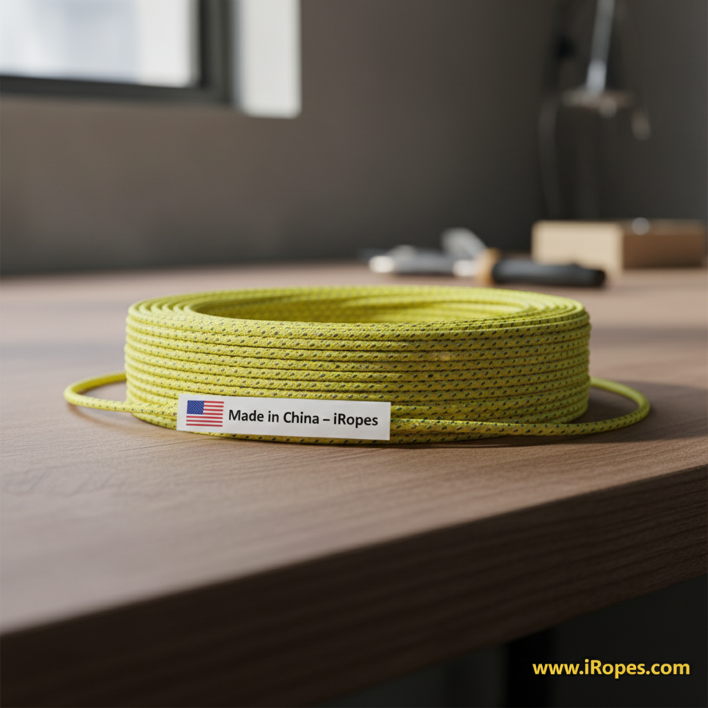 Close‑up of a high‑strength synthetic rope coil, showing the tight braiding and US‑flag badge on the label