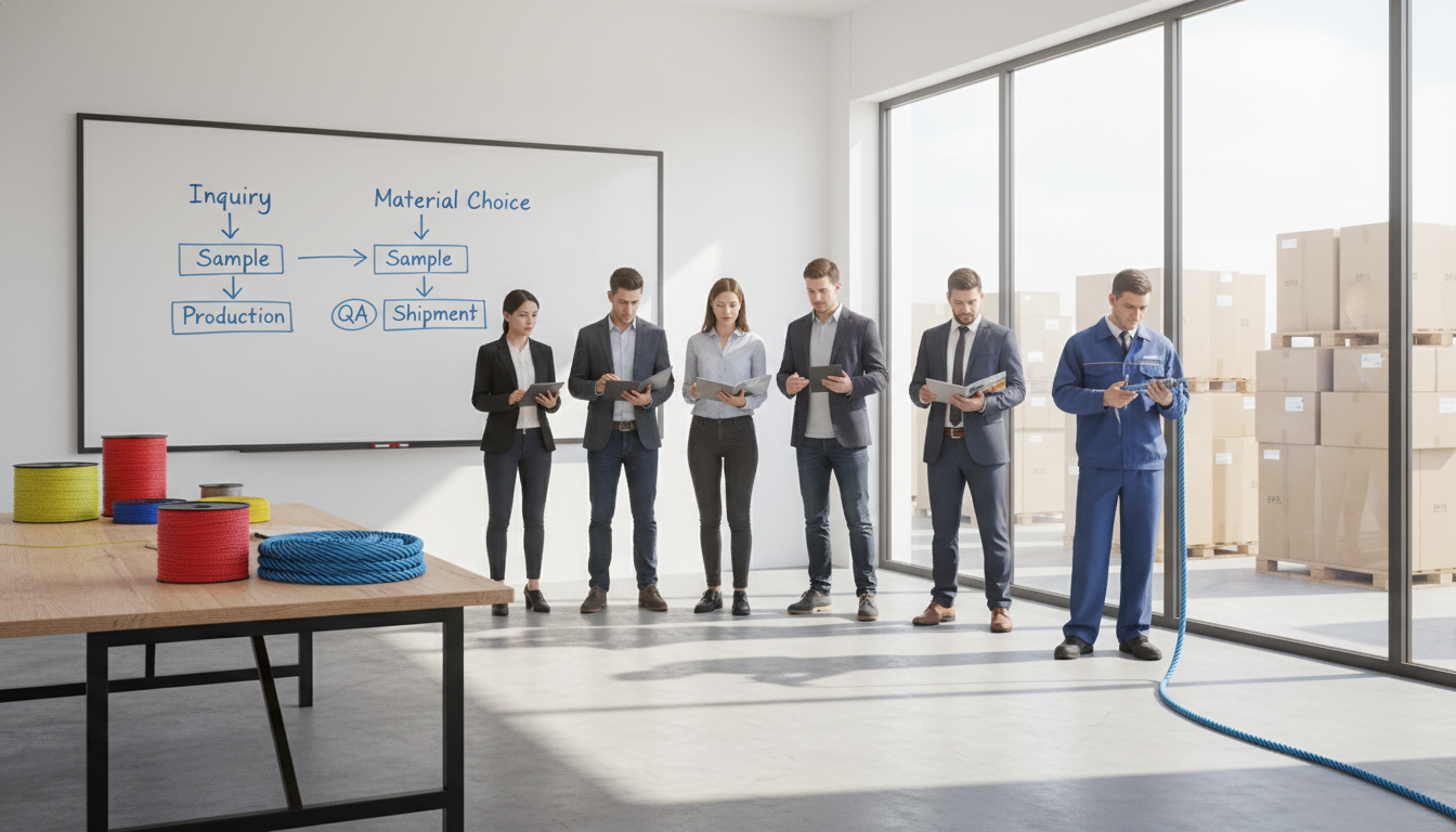 Diagram of iRopes custom bulk order workflow showing inquiry, material choice, sample, production, QA, and shipment steps