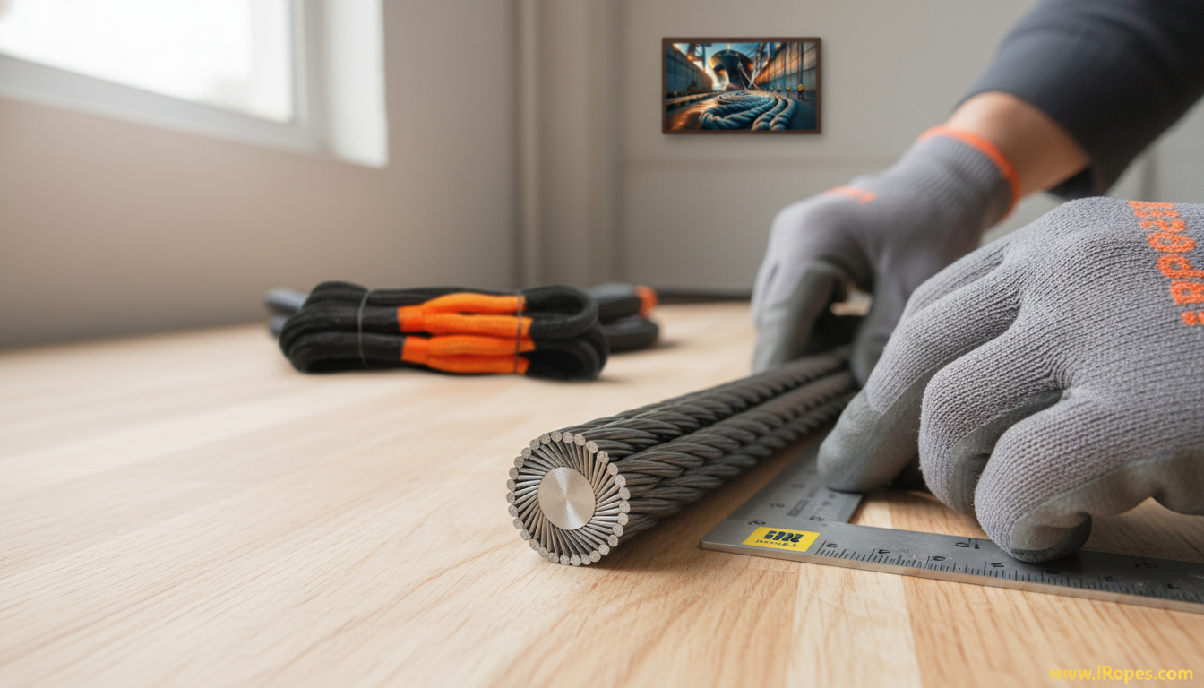 Close‑up of a 6×19 wire rope cross‑section showing a central steel core surrounded by outer strands