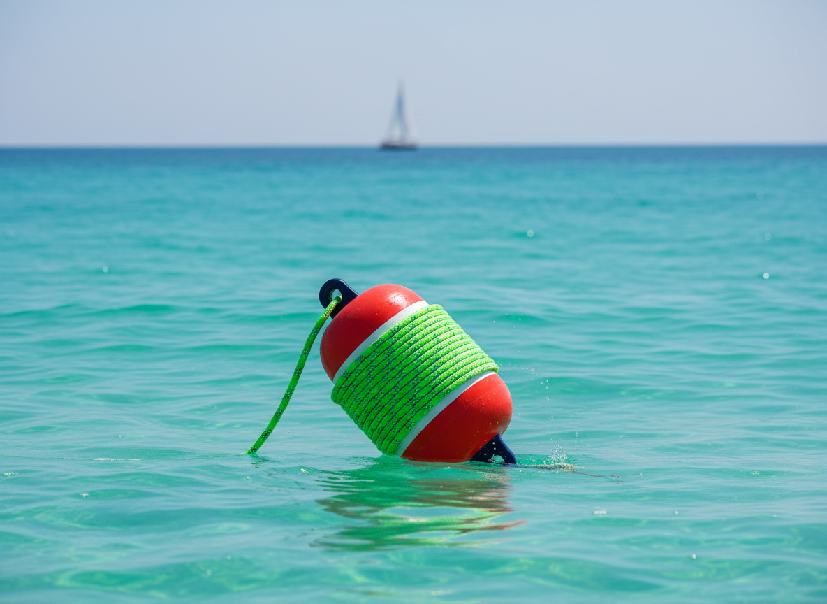 green and white high-visibility rope coiled on a marine buoy against blue water, showing colour contrast