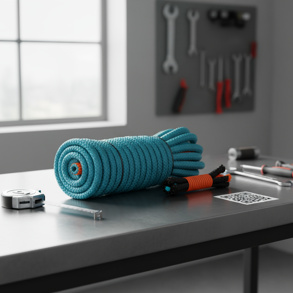 Close‑up of braided nylon rope coils showing glossy sheath and reinforced core, illuminated in a bright workshop.