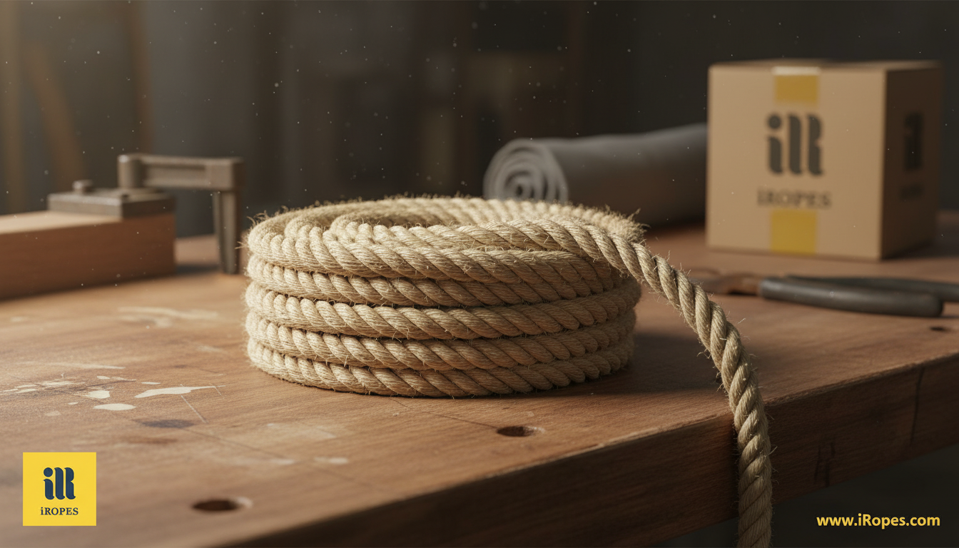Close-up of twisted three‑strand hemp rope coil, natural beige fibres highlighted against a workshop backdrop