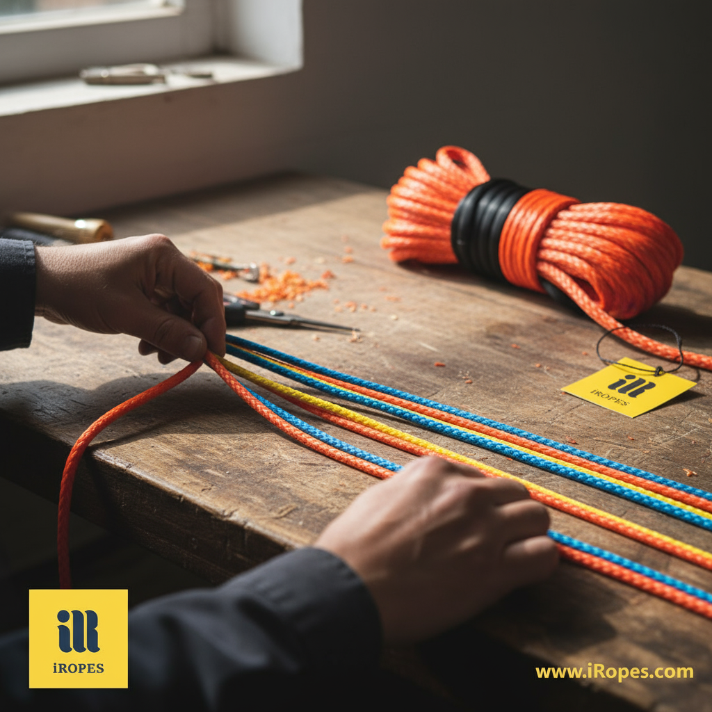 Close‑up of a rope end being unlayed for a straight splice, showing individual strands aligned by colour