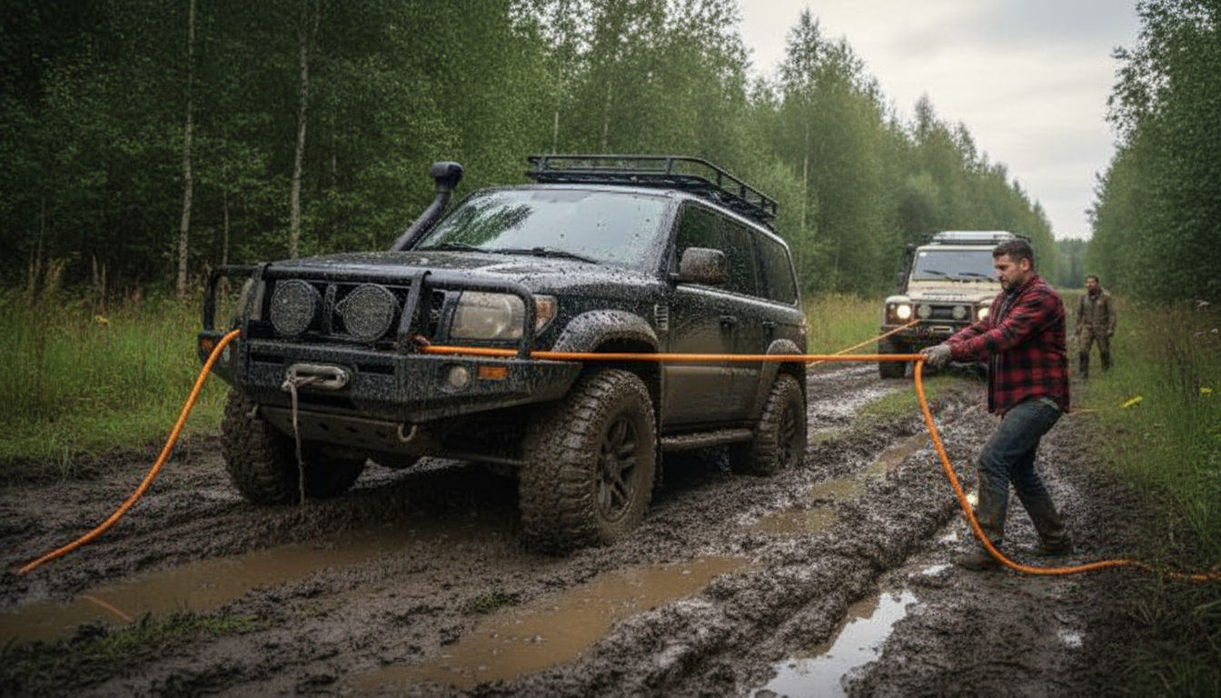 A 7/8 inch kinetic recovery rope being attached to a 4x4 stuck in mud, showing its bright orange colour and stretchy nature