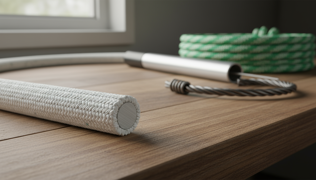 Cross‑section illustration of spun polyester rope showing polyester outer strands wrapped around a polypropylene core