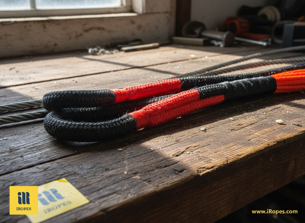 Close‑up of a dark HMPE synthetic winch rope lying beside a silver steel cable, highlighting the stark difference in thickness and flexibility