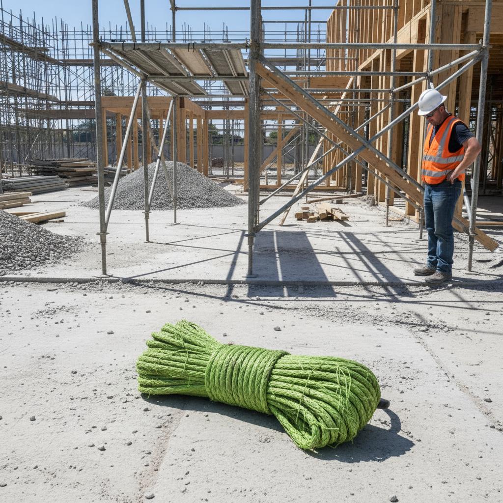 建設現場で数か月間日光にさらされた結果、色あせたポリプロピレンロープ。脆くなり色が失われています