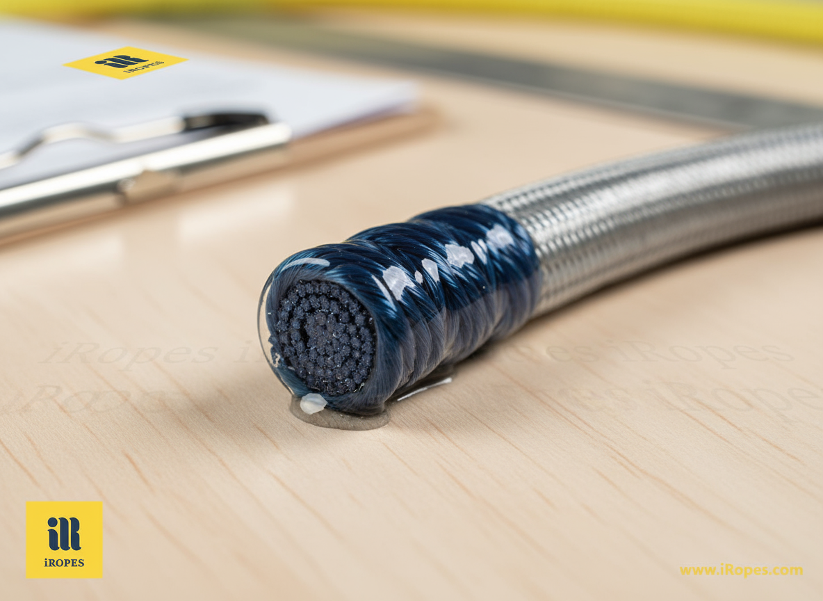 Close‑up of a rope cross‑section showing twisted fibres, a protective sheath, and a glossy finish