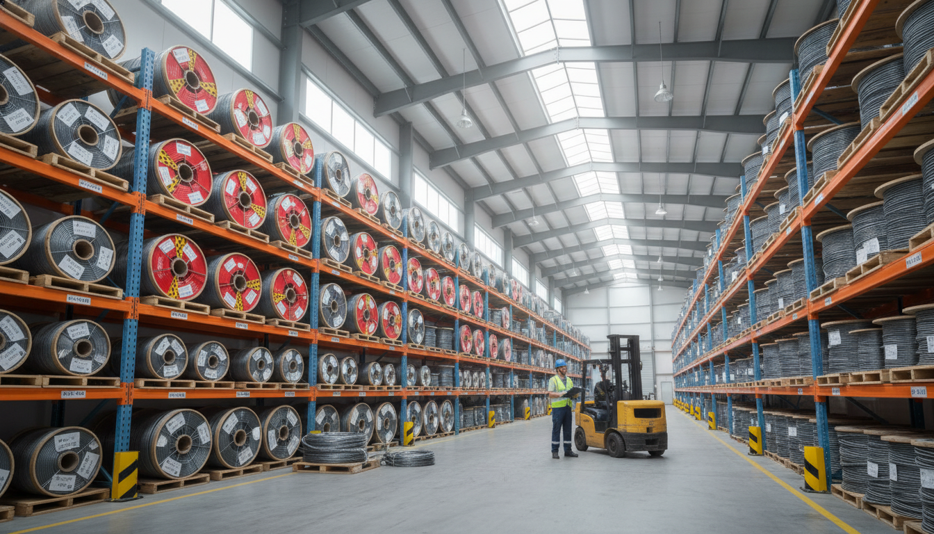 Warehouse shelves filled with various wire rope spools ready for distribution