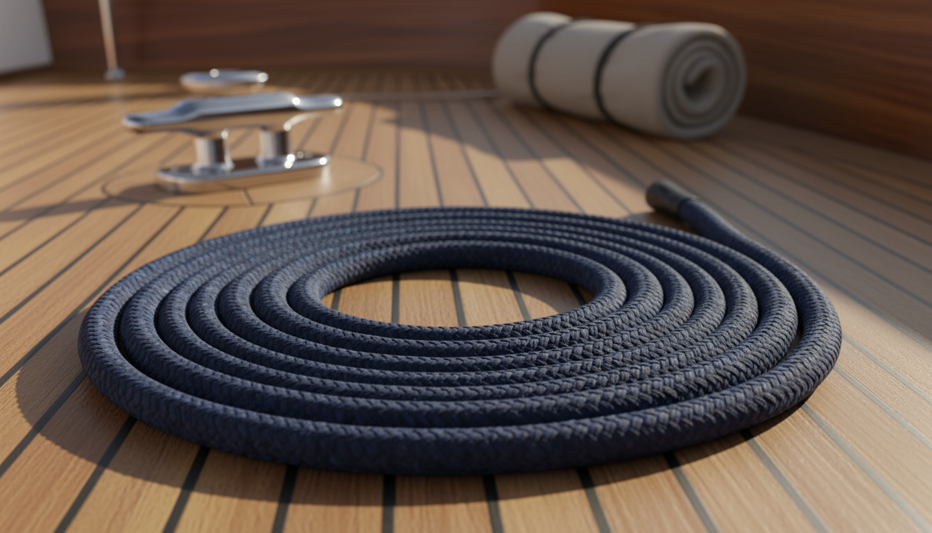 Close‑up of a 16 mm polyester mooring rope coiled on a yacht deck, showing navy‑blue colour and textured surface