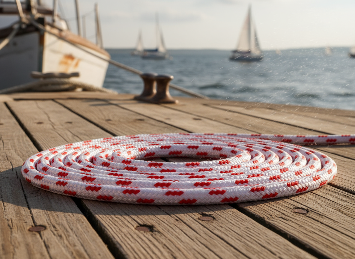 Coiled 1‑inch nylon anchor rope resting on a weathered wooden deck, its bright orange sheath contrasting with the salty sea‑air environment