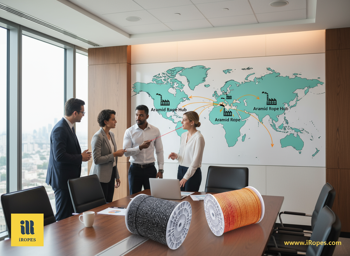 World map highlighting major aramid rope production hubs in the US, Europe and China, with arrows indicating export flows