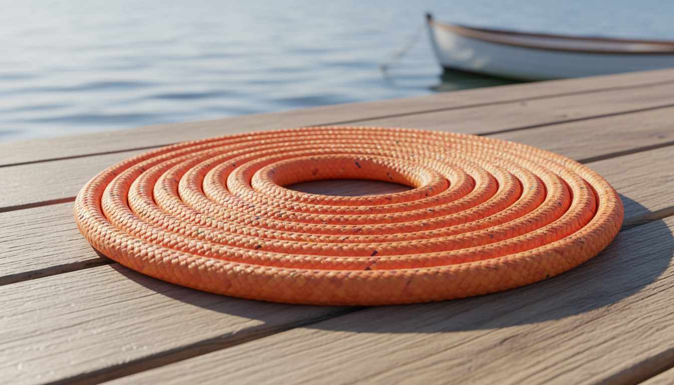 Close-up of 10mm polypropylene rope coiled on a dock, showing its bright colour and smooth texture, emphasizing its lightweight and floatable nature.