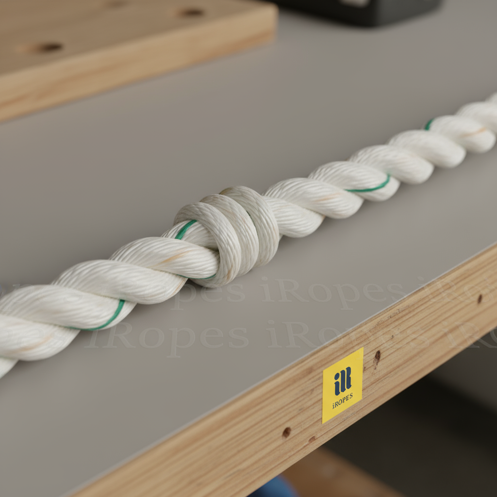 Close‑up of twisted 3‑strand polyester rope showing three outer strands and a central core, set against a neutral background