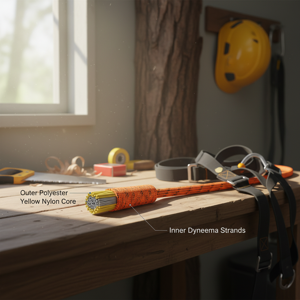 Cross‑section view of a double‑braid arborist rope showing polyester cover, nylon core and Dyneema strands