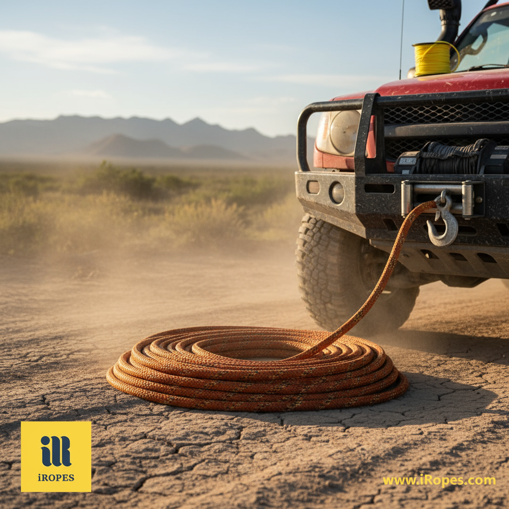 A robust 5‑inch nylon rope coiled next to a four‑wheel‑drive recovery vehicle on a dusty trail, demonstrating its thickness and reinforced braiding