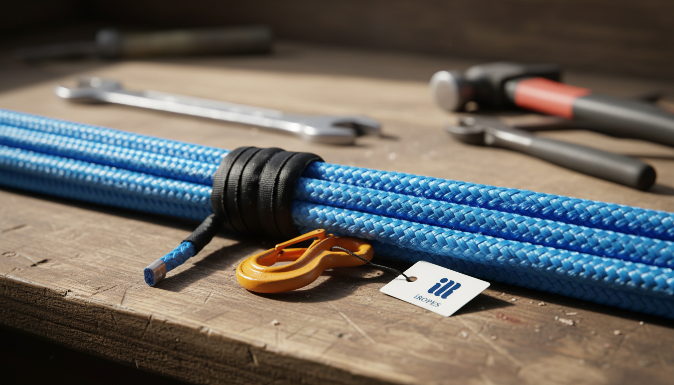 Close‑up of Amsteel Blue rope showing the 12‑strand torque‑free braid and blue‑dyed HMPE fibres