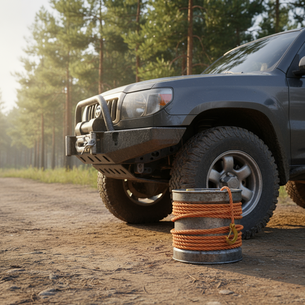 200 foot synthetic winch rope coiled on a compact drum beside an off‑road vehicle, showing its bright orange colour and sturdy construction