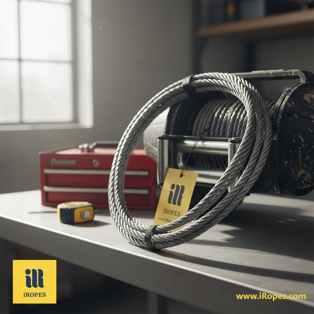 Close-up of a 3/16 inch steel winch cable showing 7x19 construction and galvanised coating