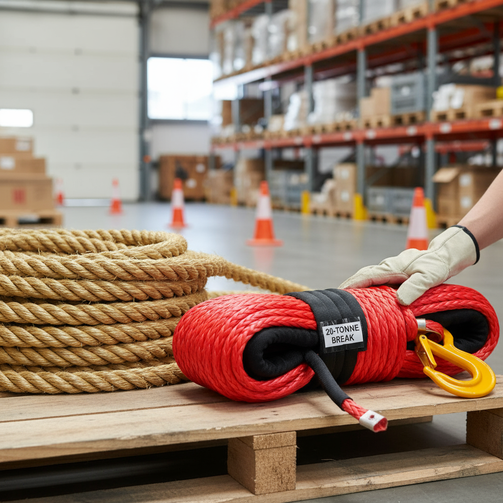 Close‑up of 1.25‑inch Manila rope showing natural abaca fibres; 1.25‑inch kinetic variant available at 20‑tonne break