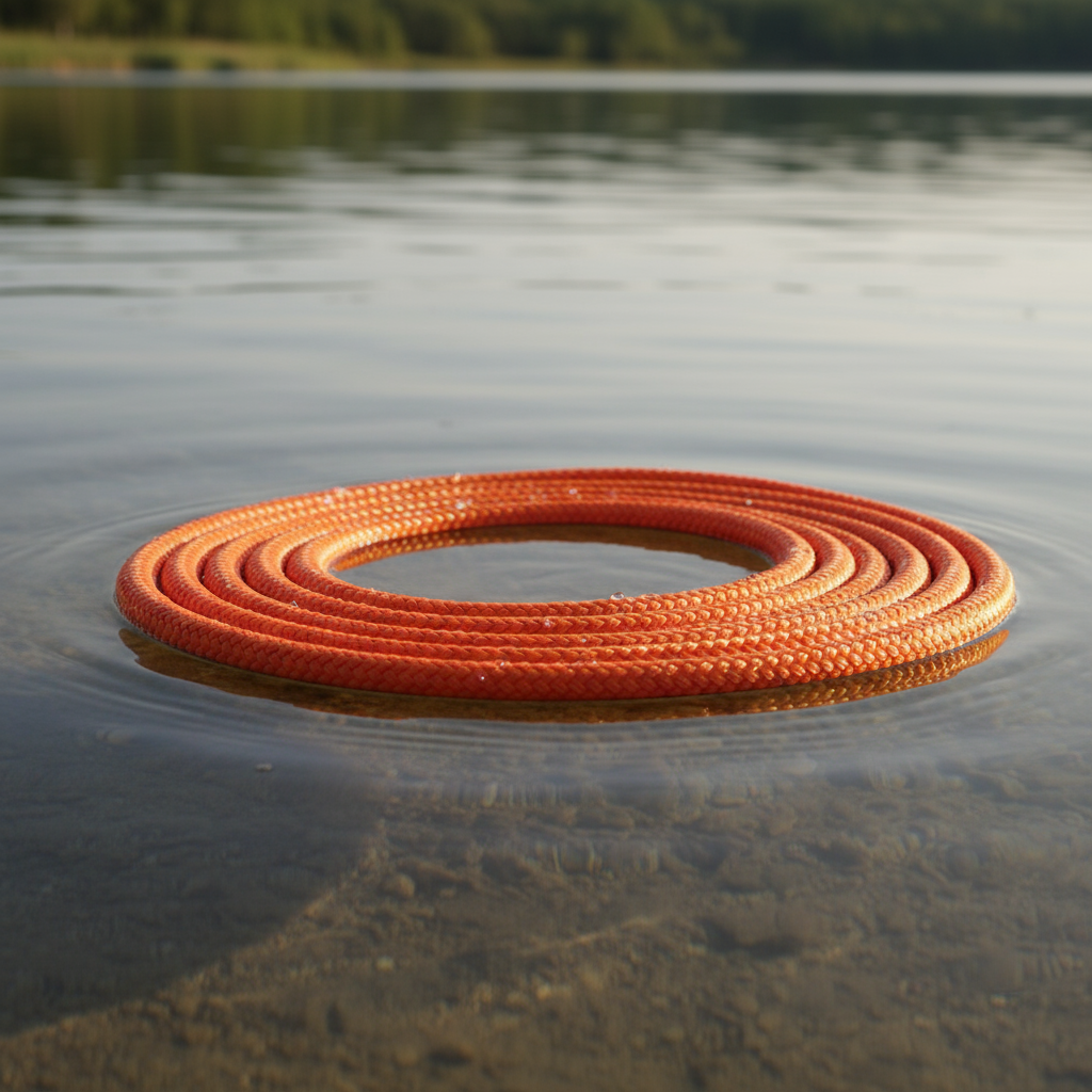 近照：鮮橙色聚丙烯繩索漂浮在水面上，顯示其低密度與光滑表面