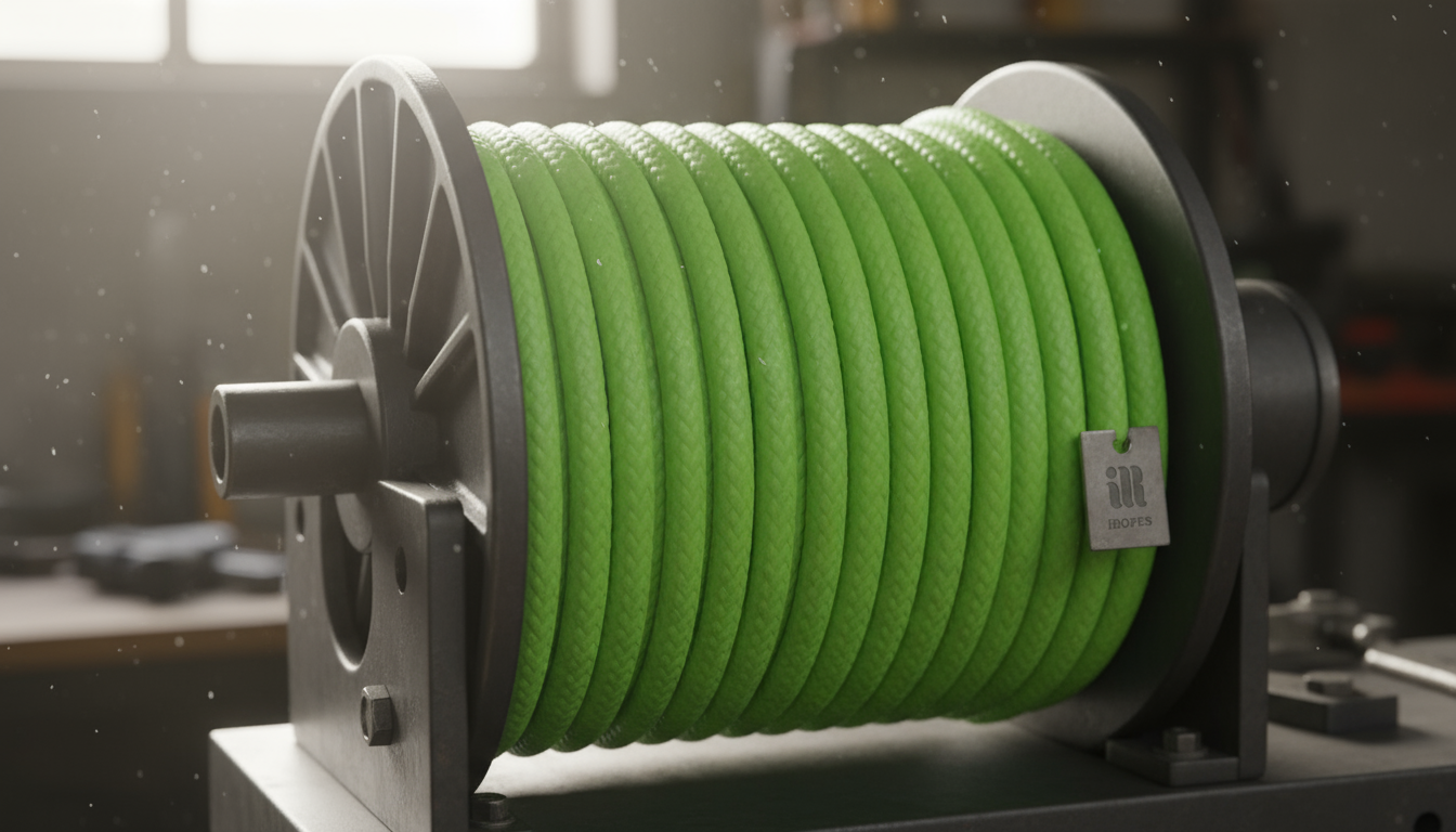 Close-up of a 9.5 mm green polypropylene rope coiled on a winch drum, showing the smooth, burr‑free surface and bright lime‑green colour.