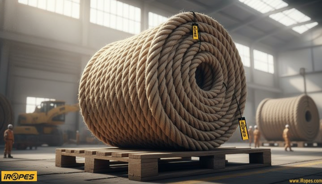 Close-up of a thick natural hemp rope coil, showing the fibrous texture and the 2‑inch diameter used for industrial lifting.