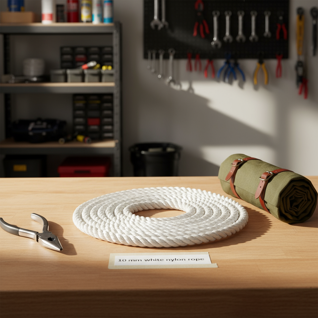 Coiled 10mm white nylon rope showing solid braid construction, bright white colour for high visibility