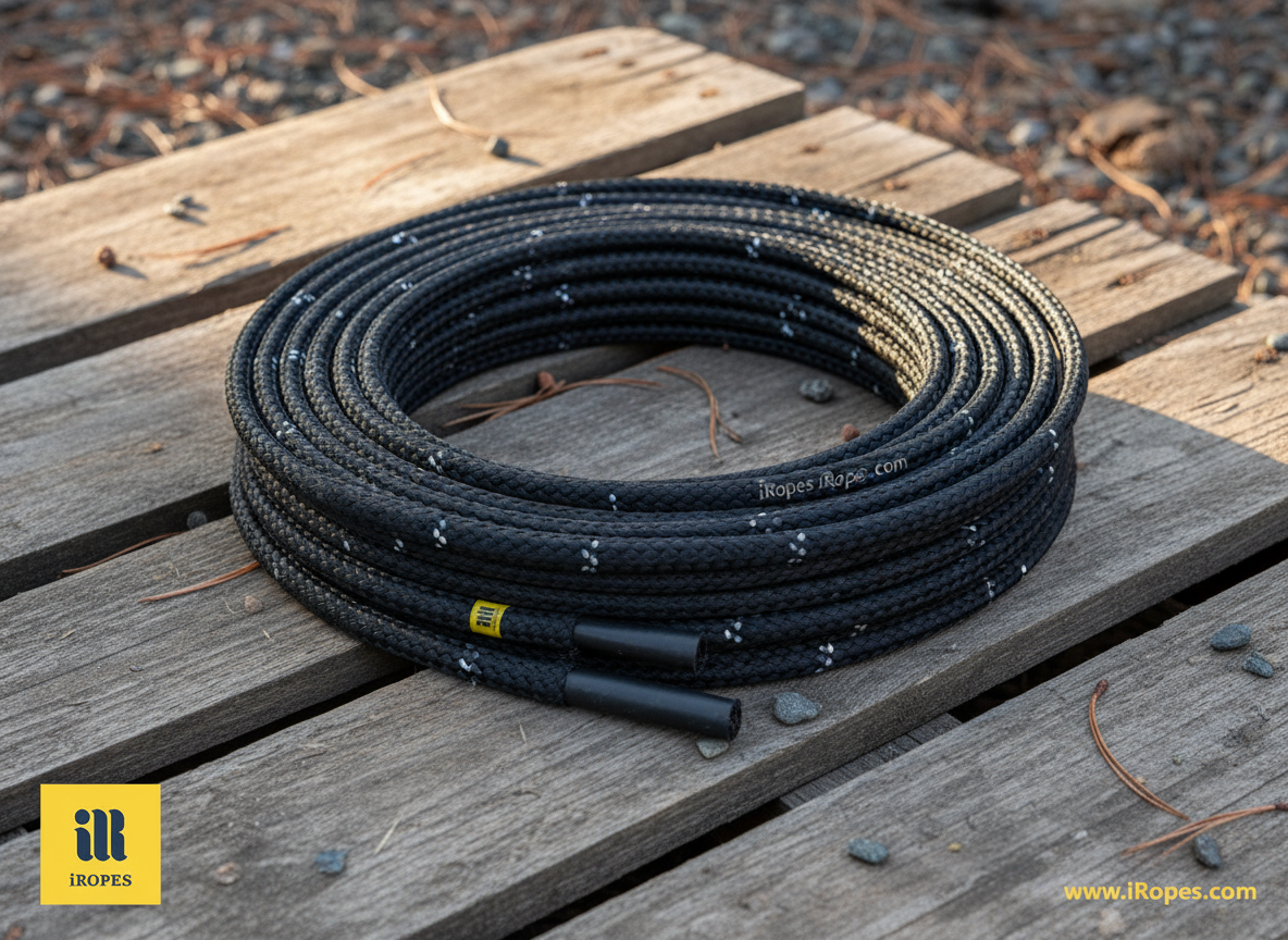 Close-up of black bungee rope coil showing elastic core and polypropylene sheath, with stretch measurement marks, on a rugged outdoor backdrop