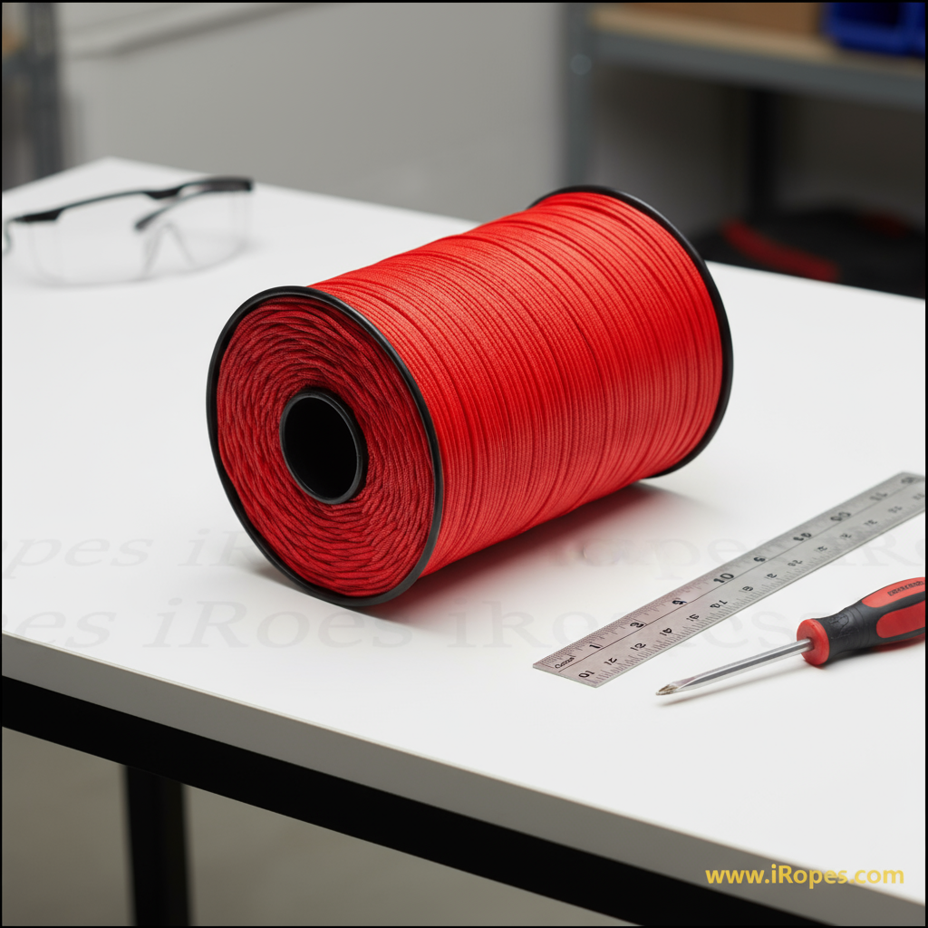 Close‑up of a 1/2‑inch solid‑braid polyester line lying on a white workshop table, showing its smooth texture and subtle sheen under bright lighting