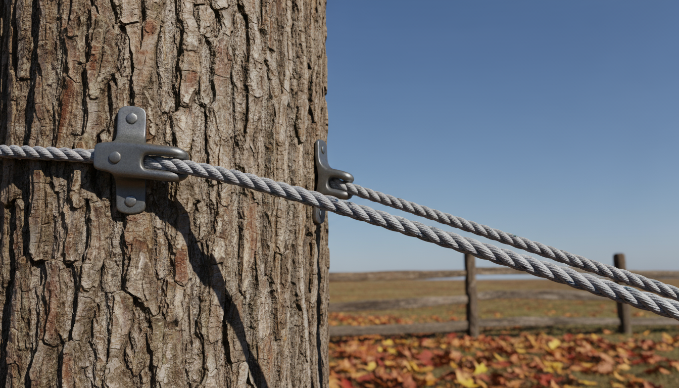 Synthetic Yale Brace installed on a tree, showing the fibre rope running between two anchor points under clear sky