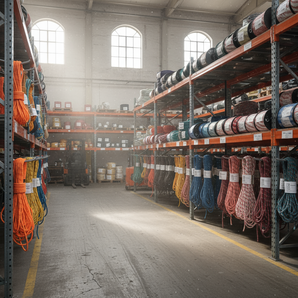 Assortment of Yale Cordage rope types displayed on a warehouse shelf, showing climbing, marine, and industrial lines in various diameters and colours