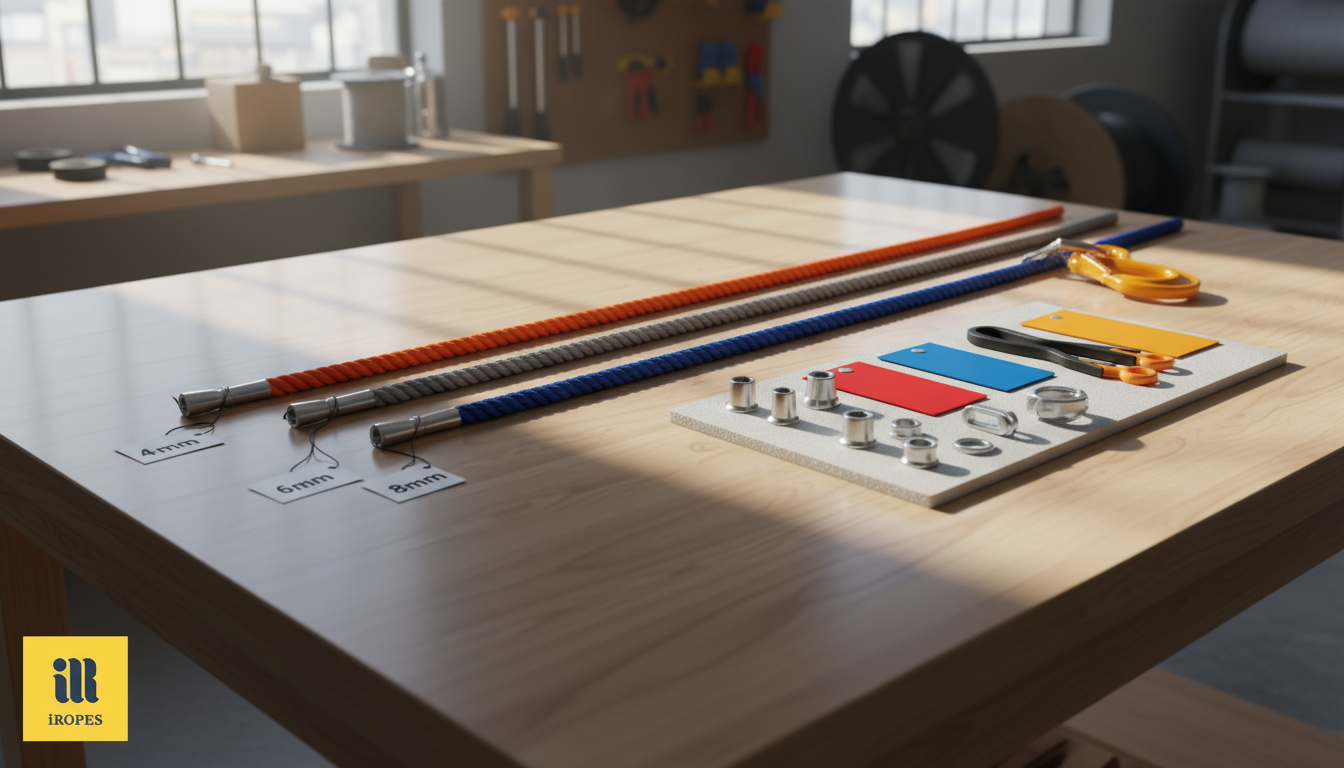 Custom UHMWPE winch rope displayed in multiple diameters, colour swatches and termination options on a workshop table