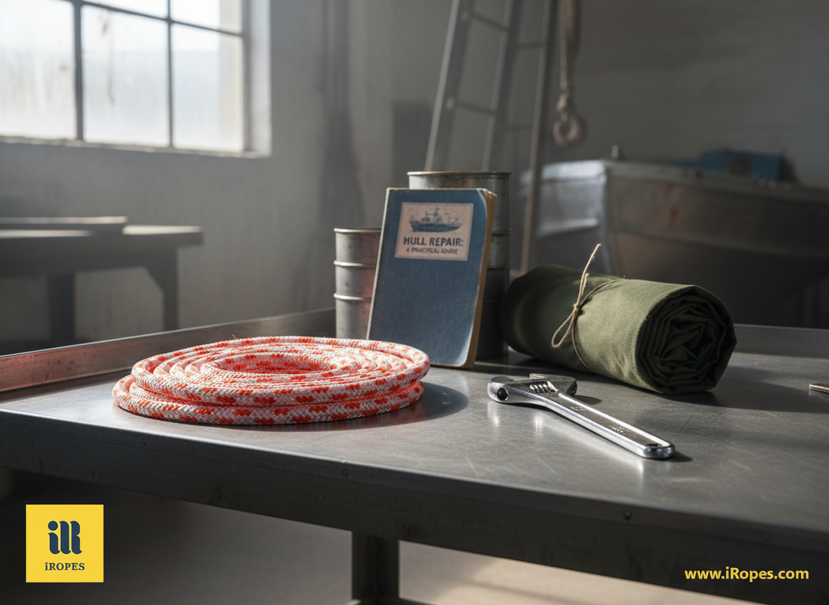 Coiled 1‑inch nylon rope with vibrant orange sheath, displayed on a marine workshop bench, highlighting texture and colour.