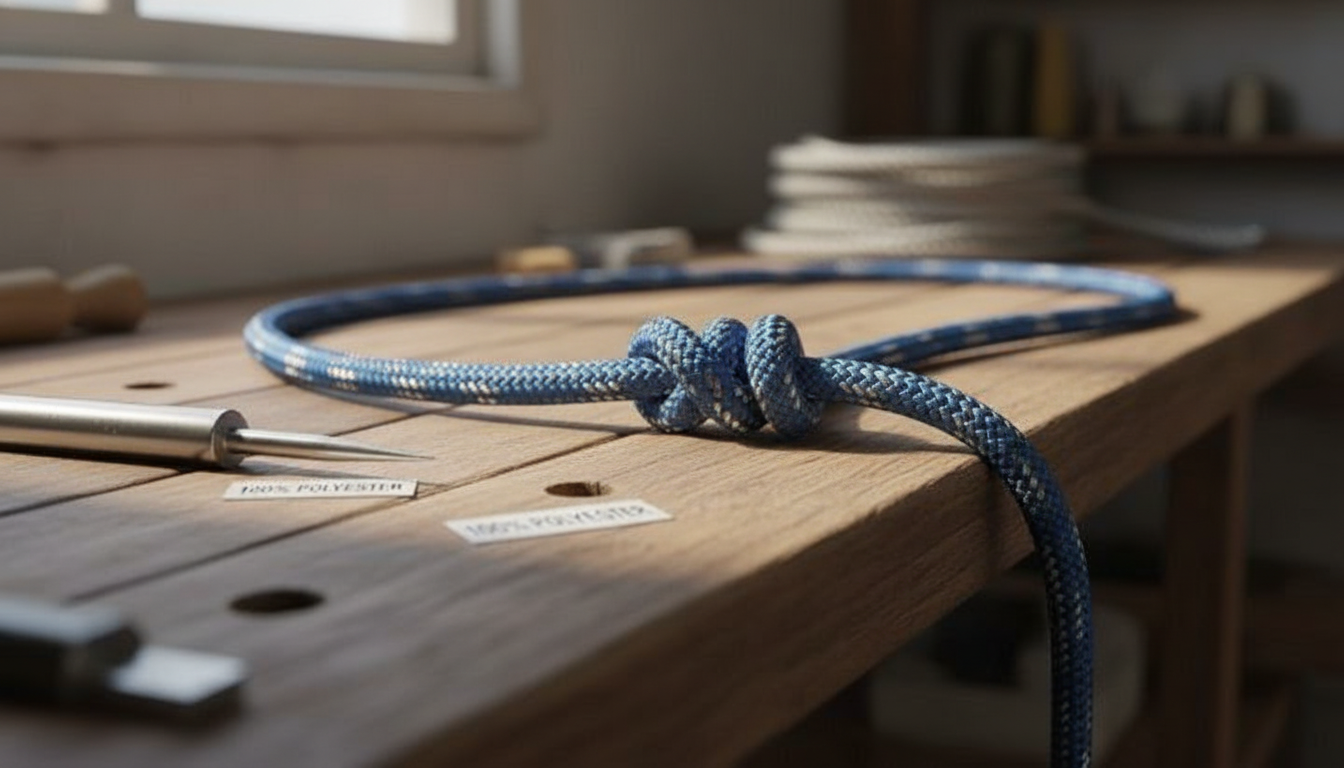 Close‑up of 10mm polyester double‑braid rope showing its dark blue colour, tight weave, and reflective stitching, illustrating high strength and UV resistance