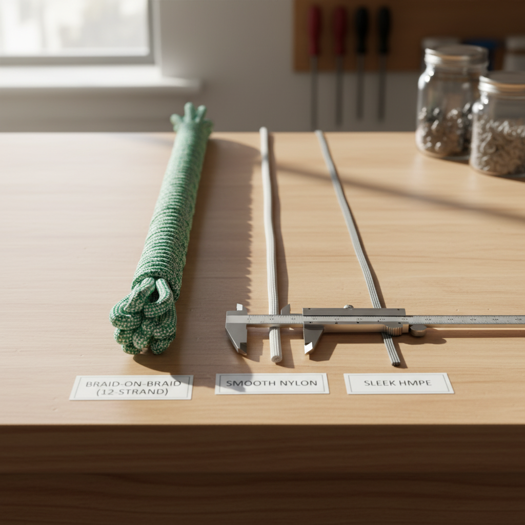 Side‑by‑side view of braid‑on‑braid rope next to nylon and HMPE ropes, highlighting thickness and surface texture